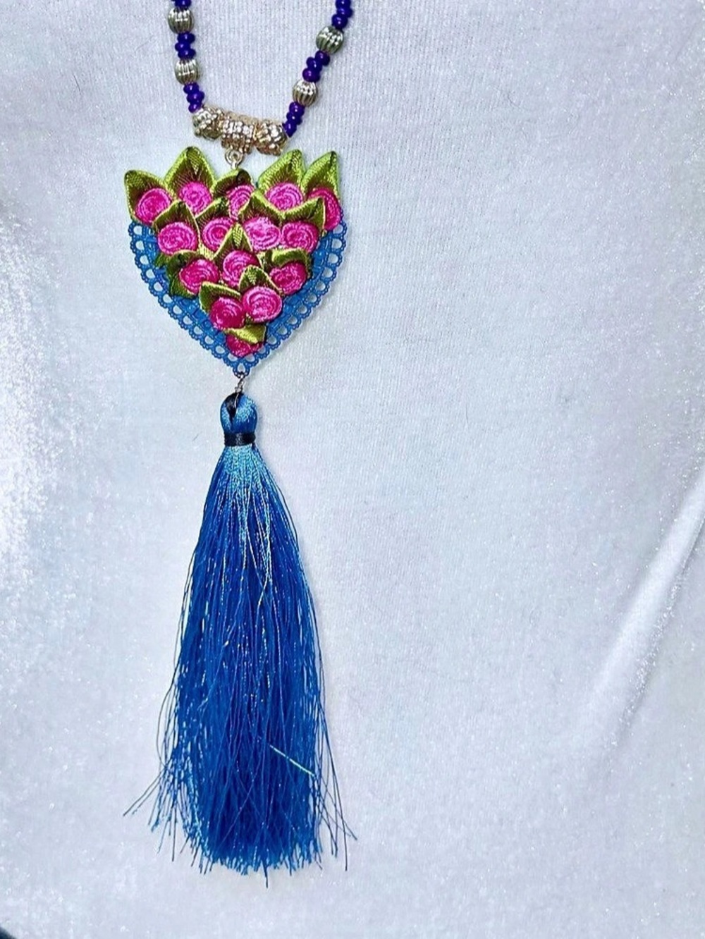 Betsey Betseyvilla Beaded Floral Tassel Necklace in Royal Blue with Pink Roses